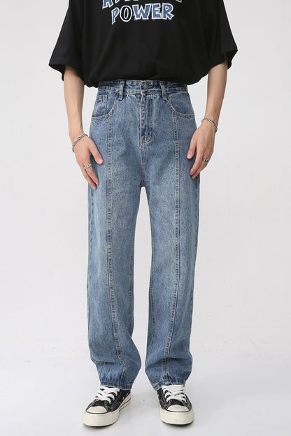 Men's washed splicing straight leg jeans, versatile style, casual wear.