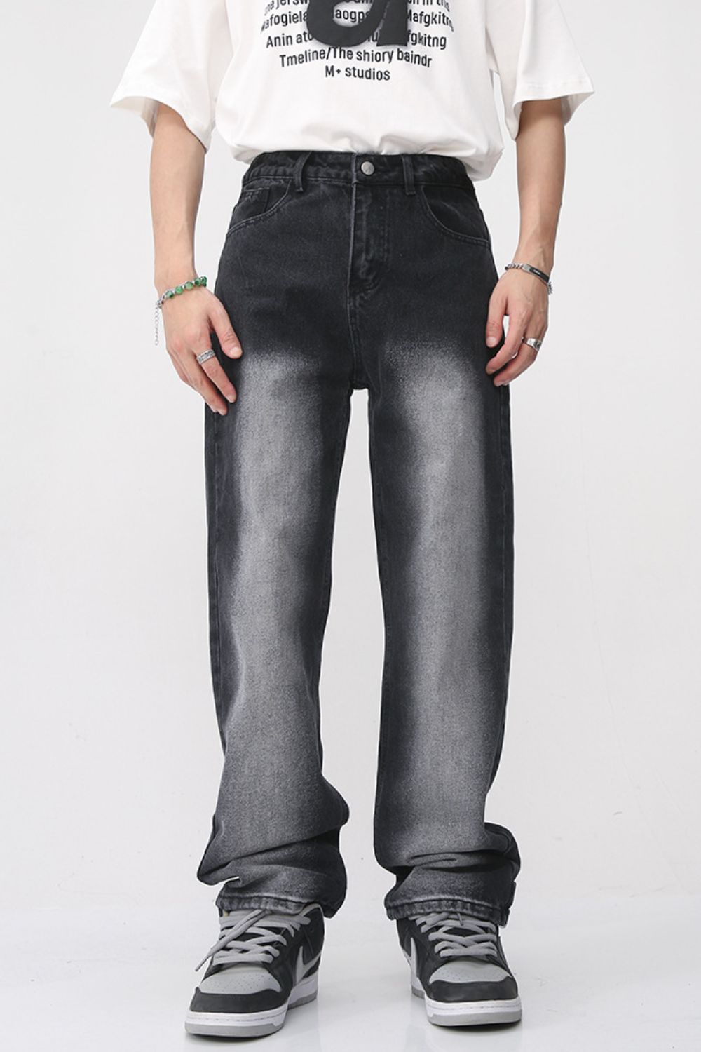 Men's washed straight leg jeans in dark wash, classic silhouette, cotton-viscose blend.