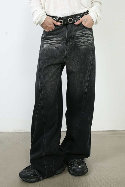 Men's wide leg jeans with pockets, black color, no stretch, made of cotton blend.