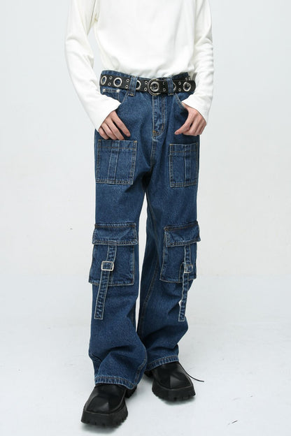 Mid Rise Men's Jeans with Cargo Pockets, no stretch, cotton blend.
