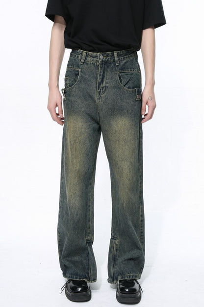 Side slit jeans with pockets, basic style, no stretch.