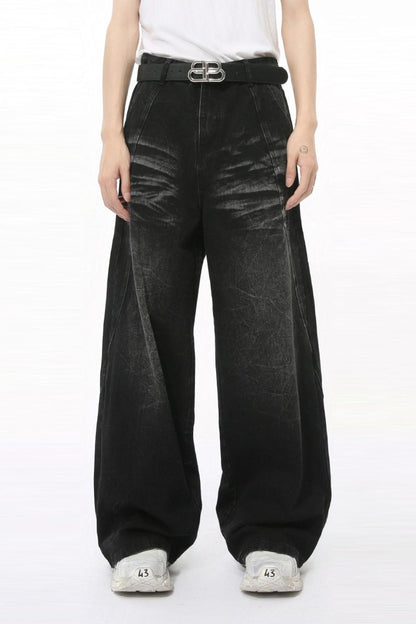 Washed Cat Whiskered Wide Leg Jeans with no stretch in black, featuring basic style with machine wash care instructions.
