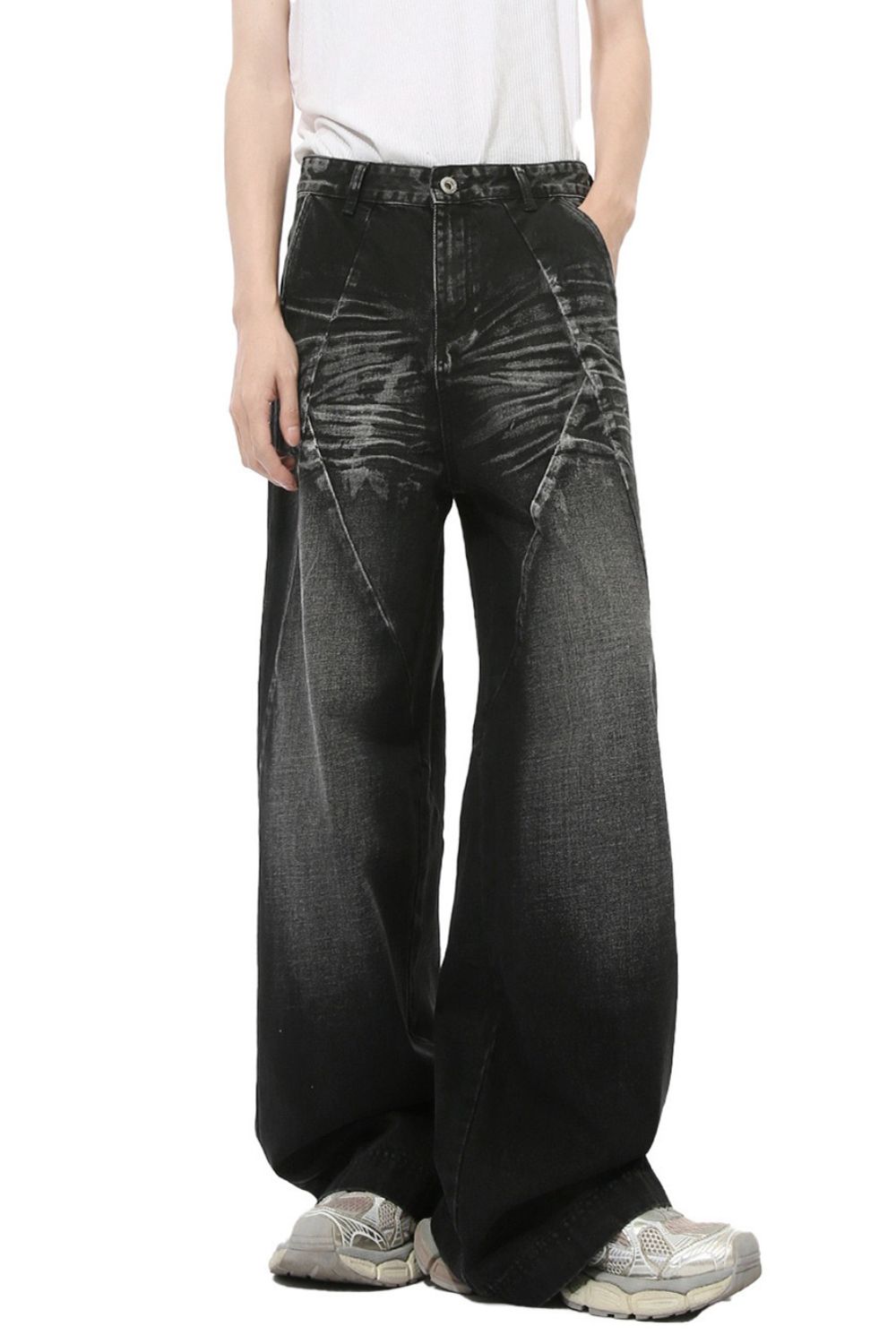 Washed Cat Whisker straight leg jeans, non-stretch, cotton blend.