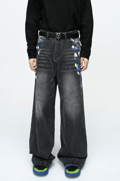 Watercolor Wide Leg Jeans with Pockets, featuring basic style and artistic design.