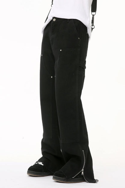 Men's raw hem bootcut jeans with zip-up sides.