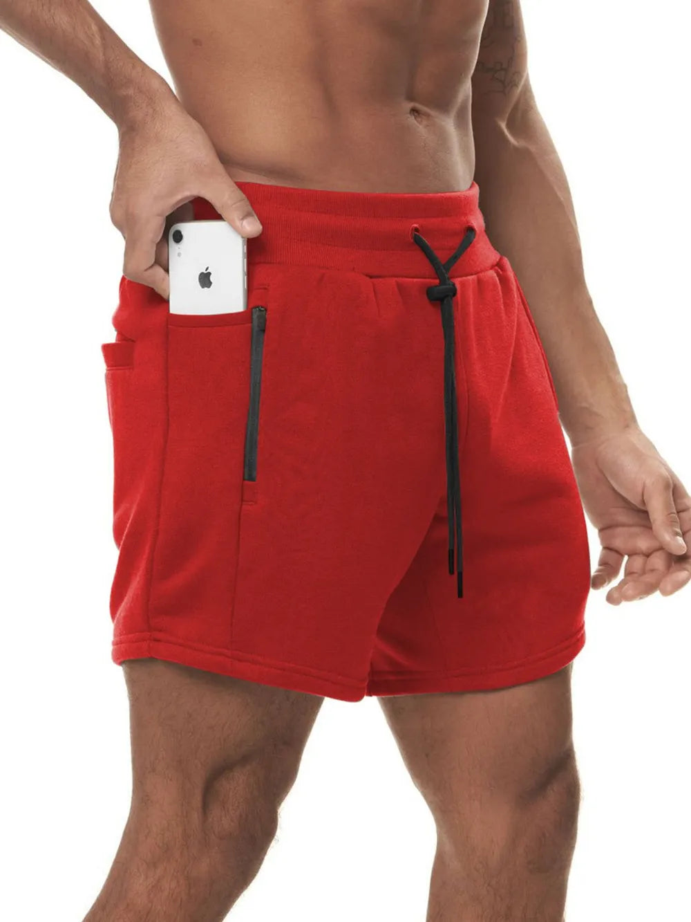Men's plus size drawstring high waist active shorts in red, featuring basic style and slightly stretchy material.