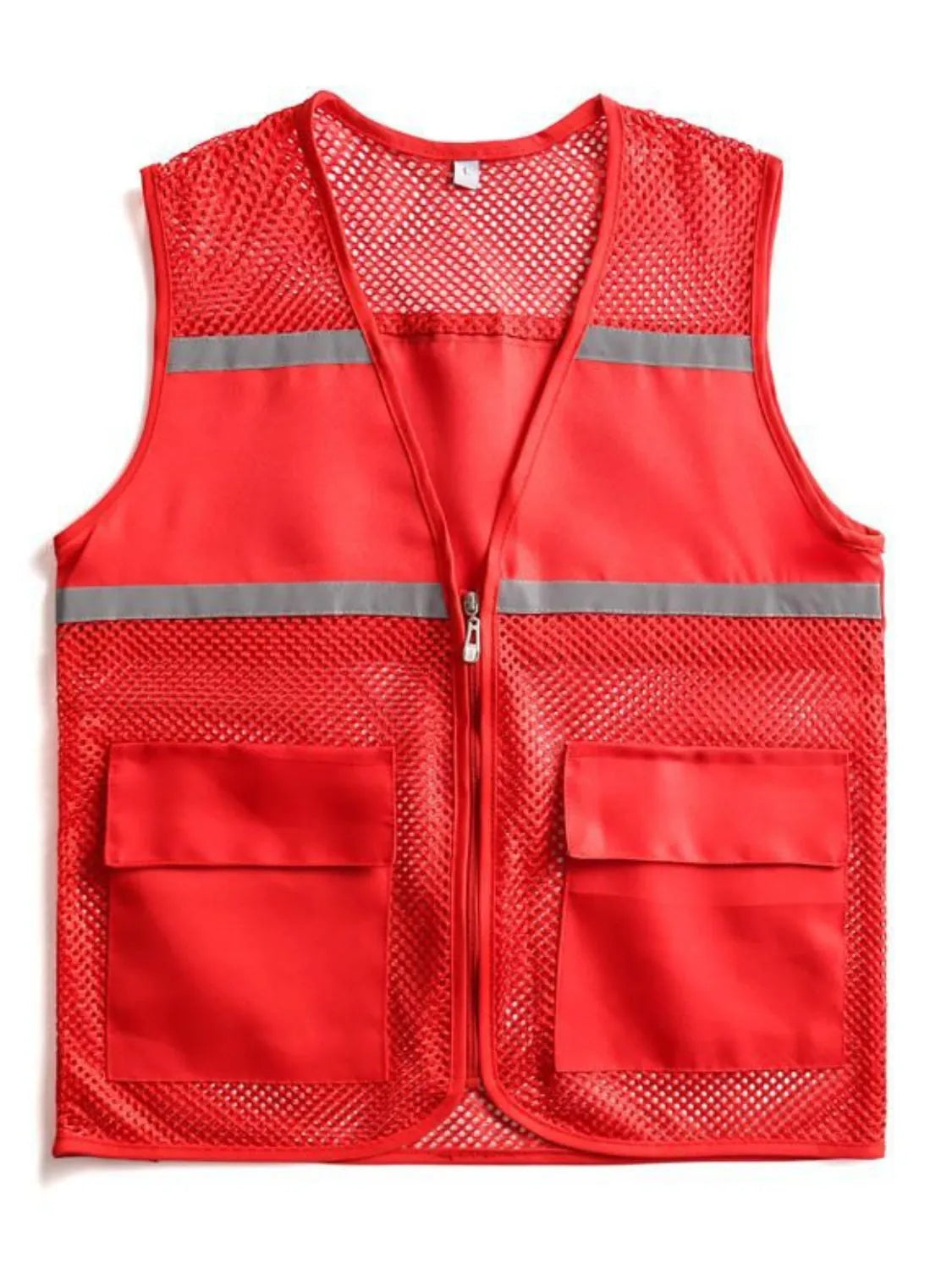Men's plus size mesh zip-up vest in red with front pockets and reflective stripes.