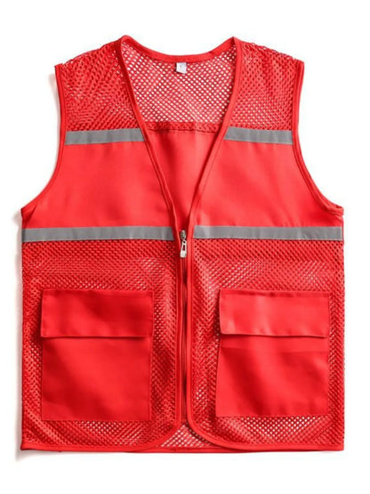 Men's plus size mesh zip-up vest in red with front pockets and reflective stripes.
