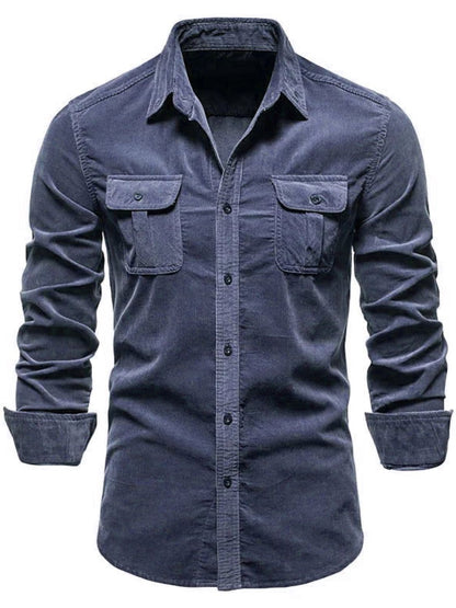 Men's full-size collared neck button-down shirt with chest pockets, slightly stretchy.