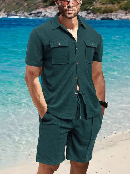 Men's full size button down short sleeve top and shorts set in dark green, featuring a comfortable fit and slightly stretchy 100% polyester material, perfect for casual beachwear.