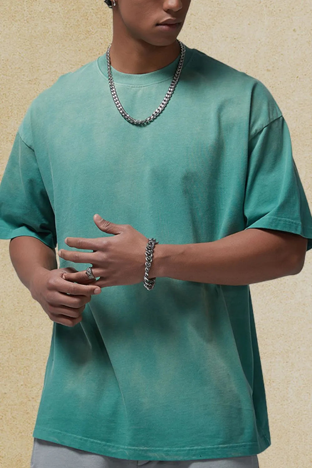Men's round neck half sleeve t-shirt in green, slightly stretchy 100% cotton.