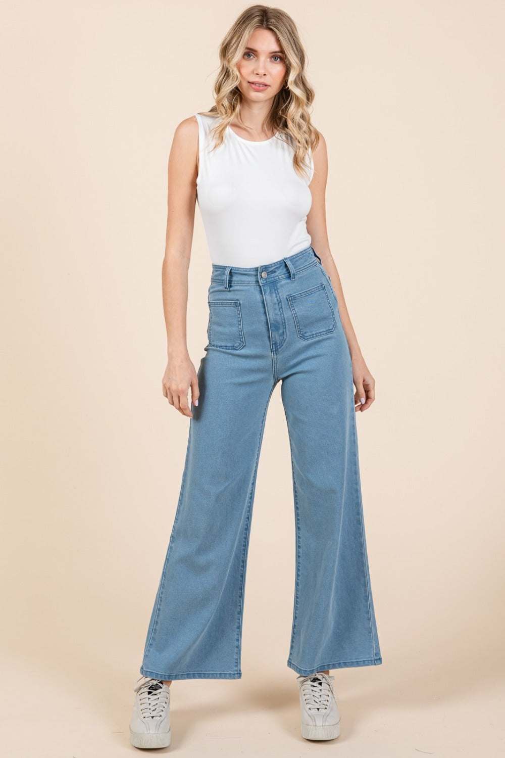 High waist wide leg jeans with front patch pockets.