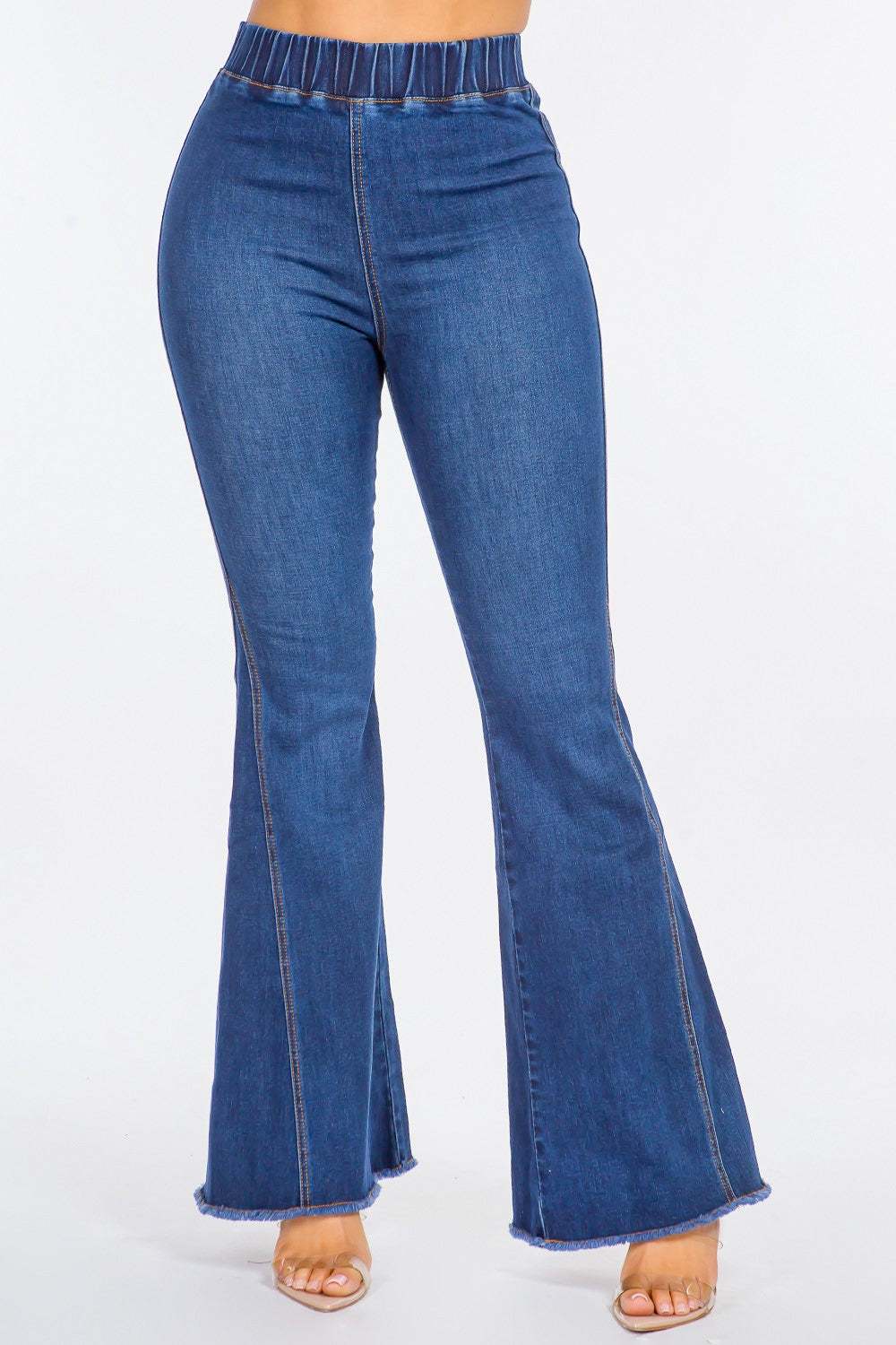 American Bazi high waist curvy flare jeans with elastic waistband and retro flair.