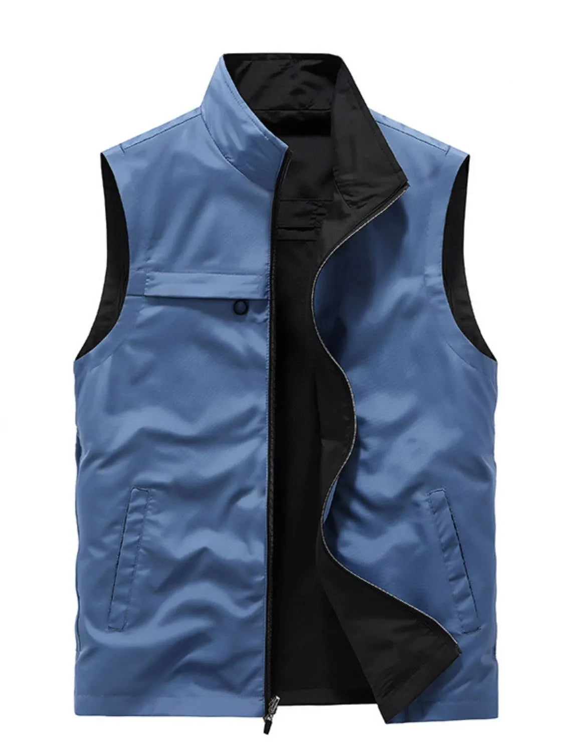 Men's plus size zip up vest in blue, basic style, slightly stretchy polyester.
