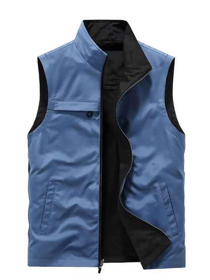 Men's plus size zip up vest in blue, basic style, slightly stretchy polyester.