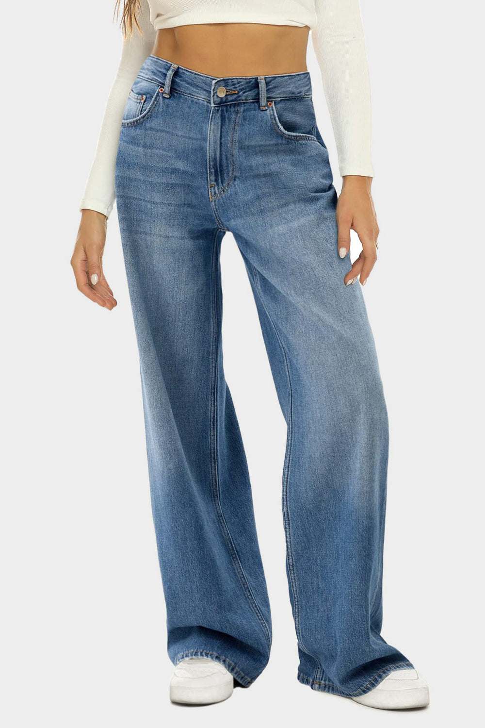 High waist wide leg jeans, blue denim, buttoned with pockets, no stretch.