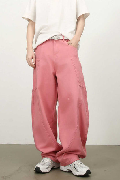 Men's mid-rise wide leg jeans in pink, 100% cotton, basic style, no stretch.