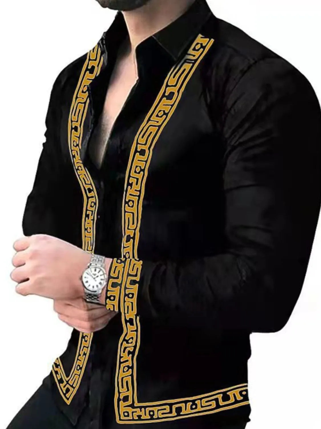 Men's full size stand collar long sleeve black shirt with gold accents, slightly stretchy, polyester-cotton blend.