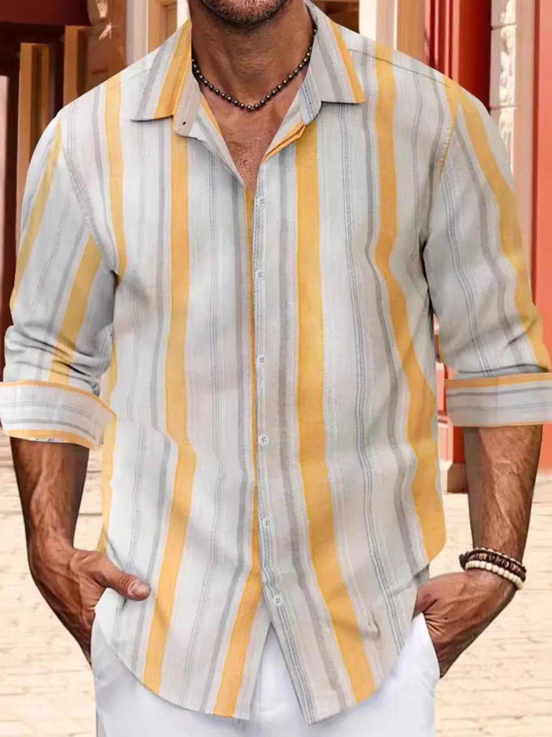 Men's full size striped button-up long sleeve shirt in yellow and gray tones.