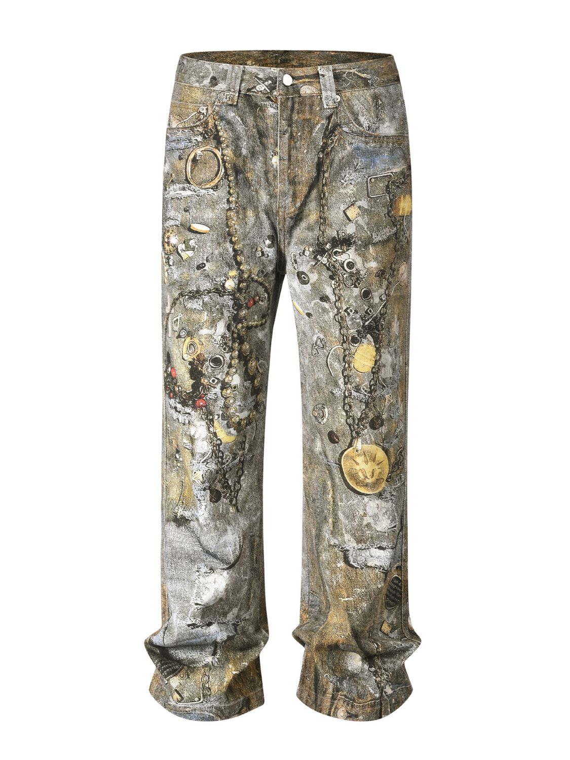 Men's wide straight printed jeans with pockets, no stretch, 95% cotton.