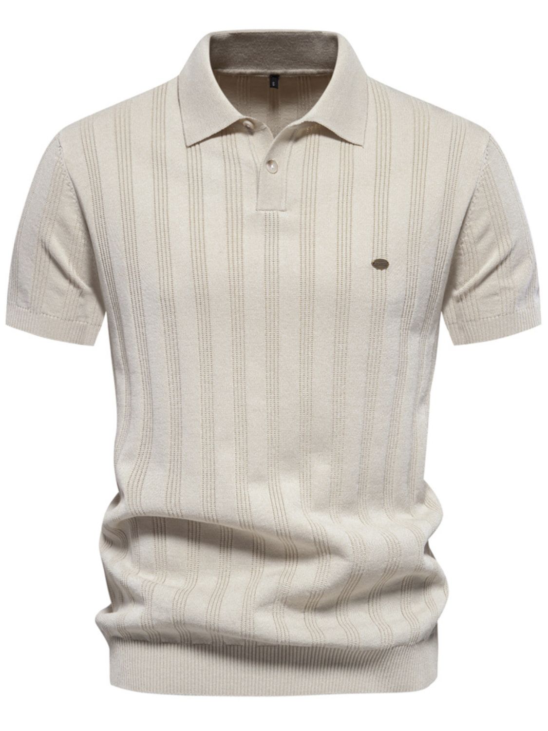 Men's collared neck short sleeve knit polo in beige with moderate stretch, featuring a basic style and soft viscose-polyester blend.