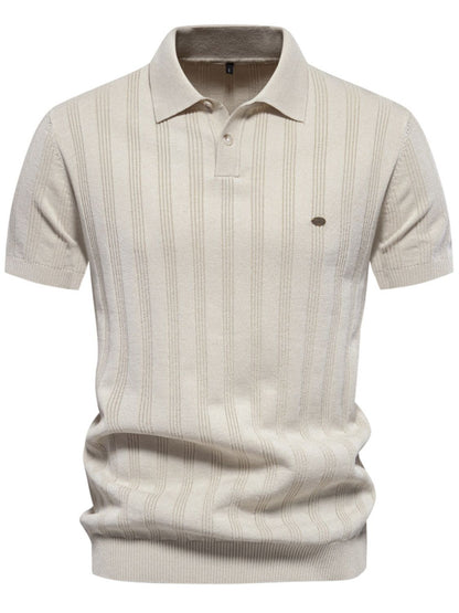 Men's collared neck short sleeve knit polo in beige with moderate stretch, featuring a basic style and soft viscose-polyester blend.