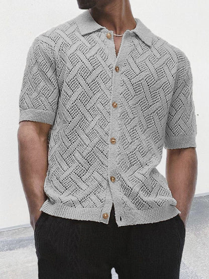 Men's button down eyelet knit shirt with collared neck in gray.