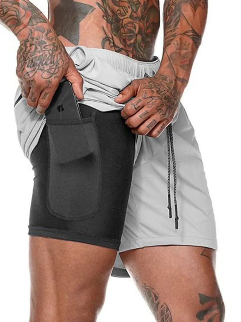 Men's plus size drawstring active shorts in light gray with black inner layer and side pocket.