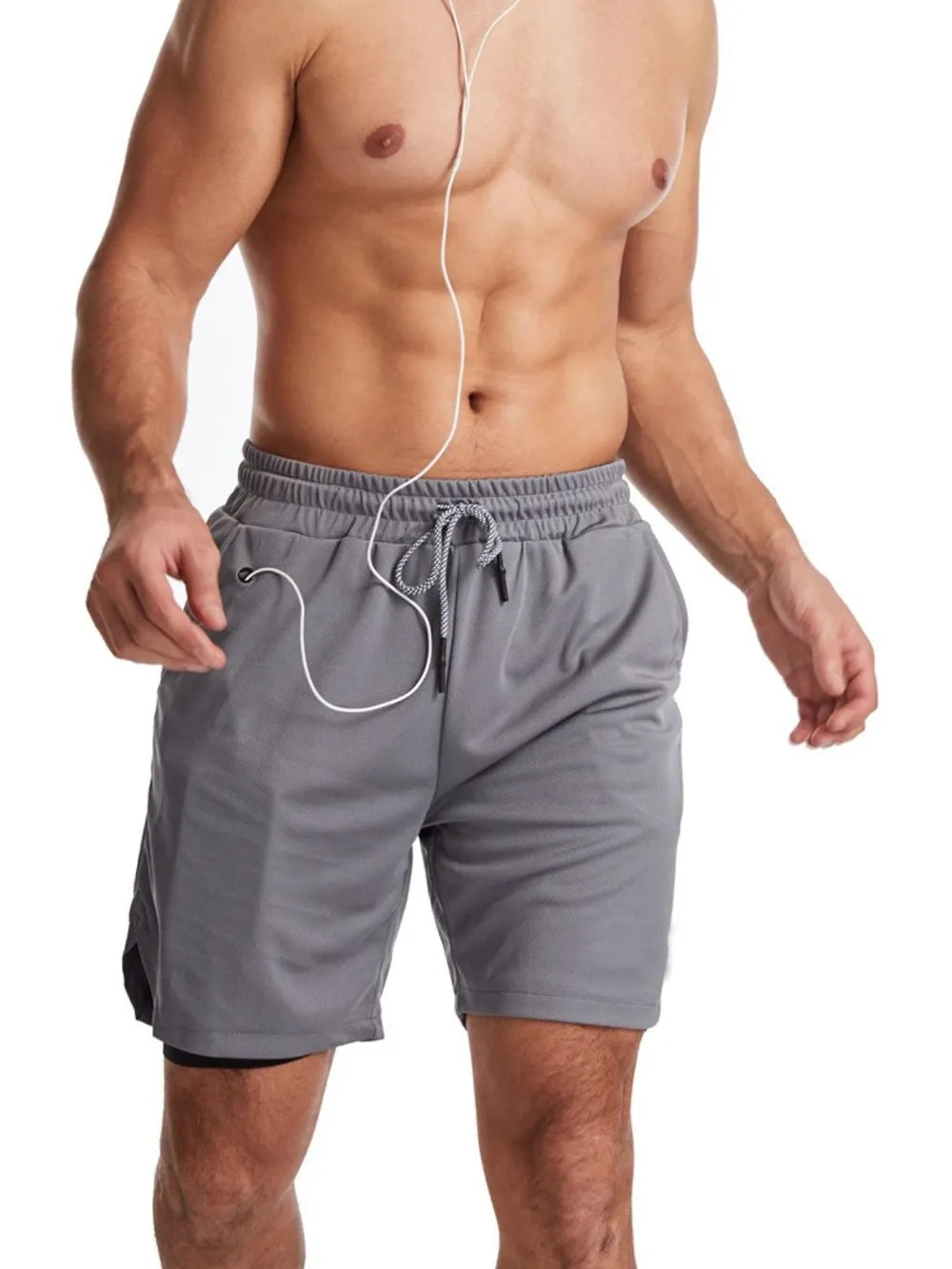 Men's plus size drawstring active shorts with pockets, slightly stretchy, 100% polyester.