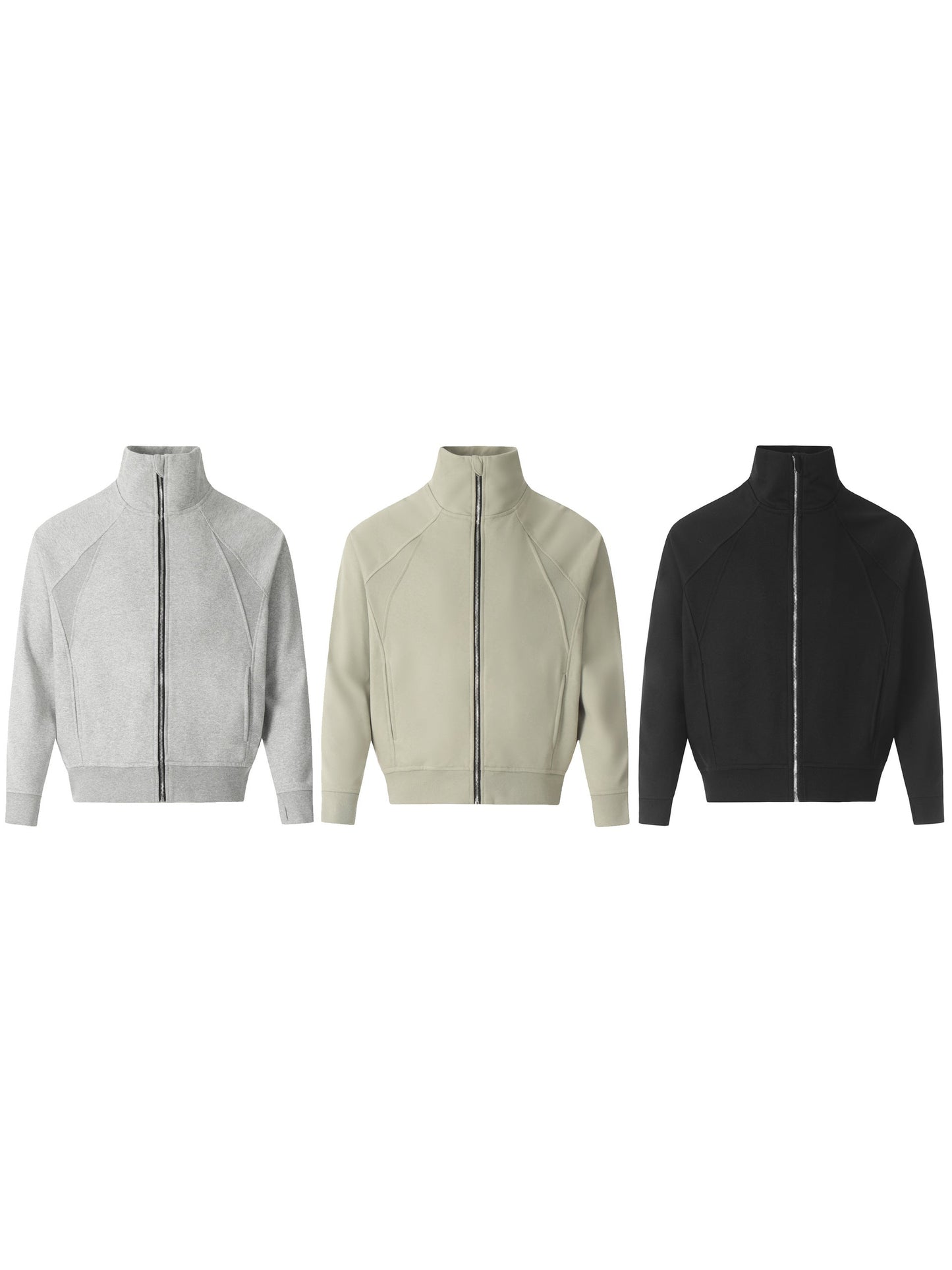 Men's zip up stand collar jackets in gray, beige, and black colors.