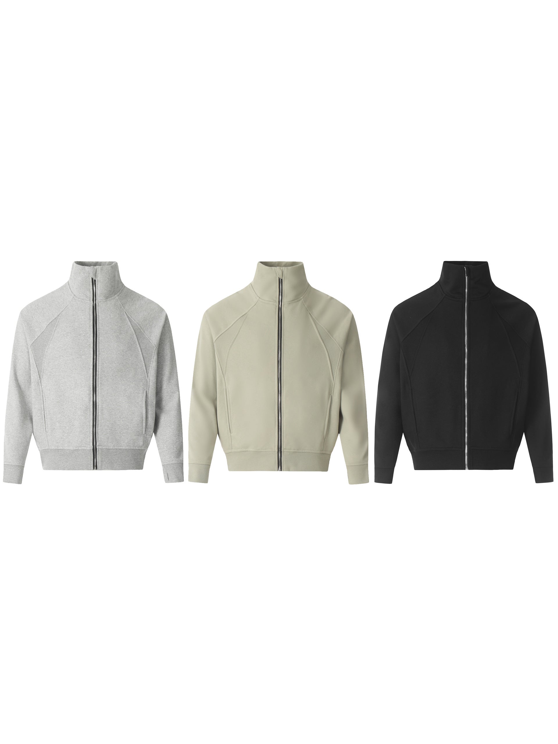 Men's zip up stand collar jackets in gray, beige, and black colors.
