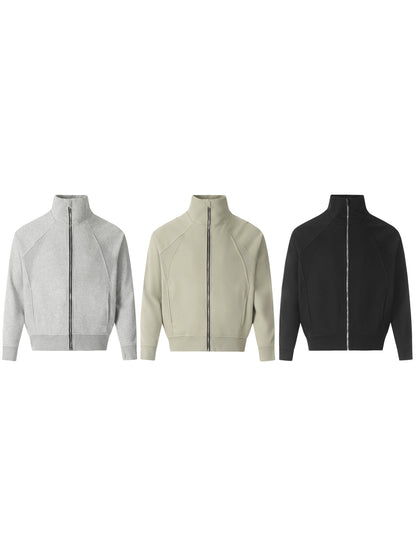 Men's zip up stand collar jackets in gray, beige, and black colors.