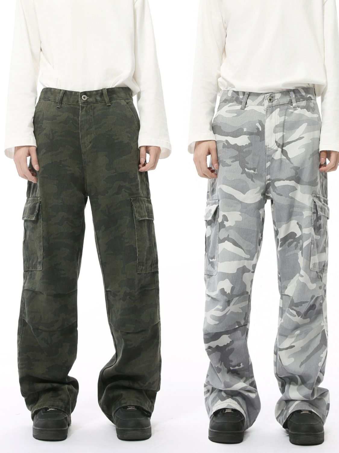 Camouflage cargo jeans with pockets in green and gray.