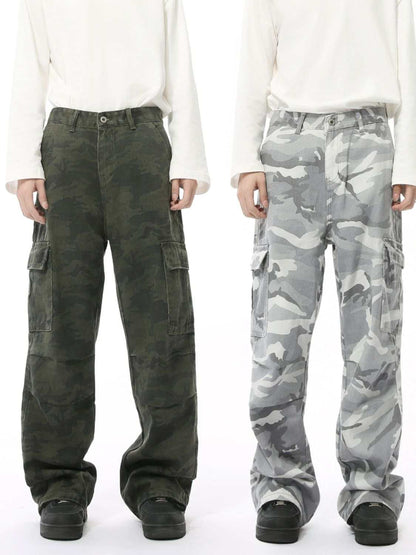Camouflage cargo jeans with pockets in green and gray.