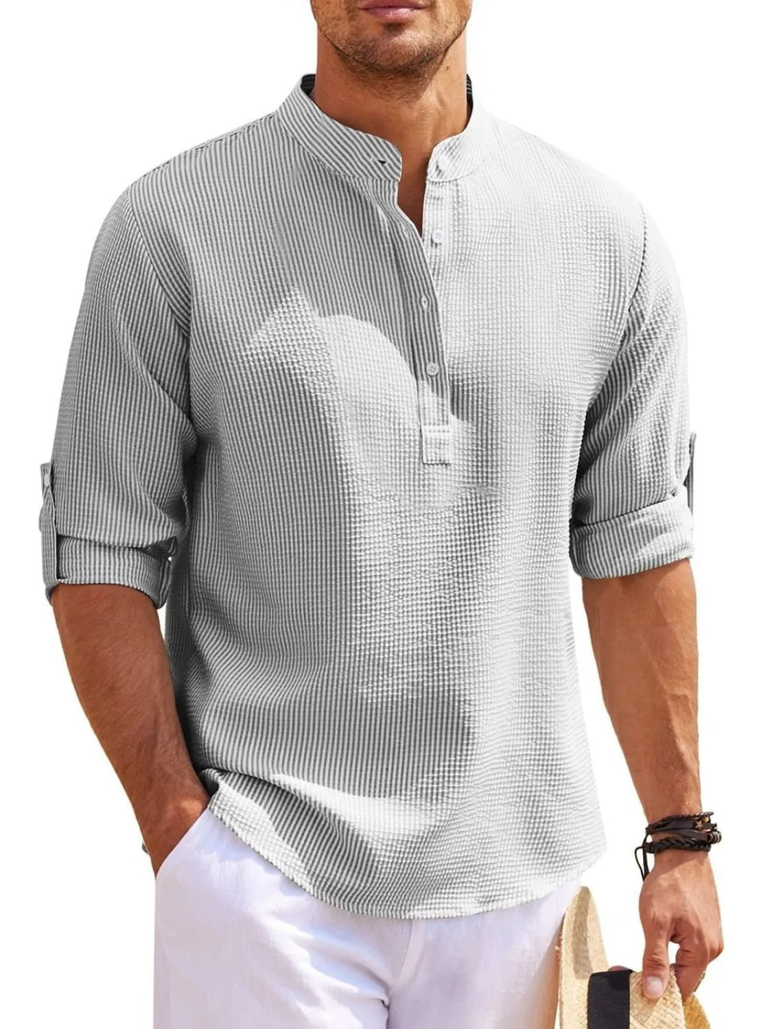 Men's full size button detail long sleeve top in gray, slightly stretchy, made of polyester and cotton.