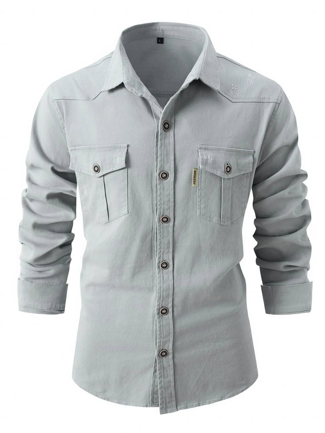 Men's full-size button-up long sleeve shirt in light gray with two chest pockets.