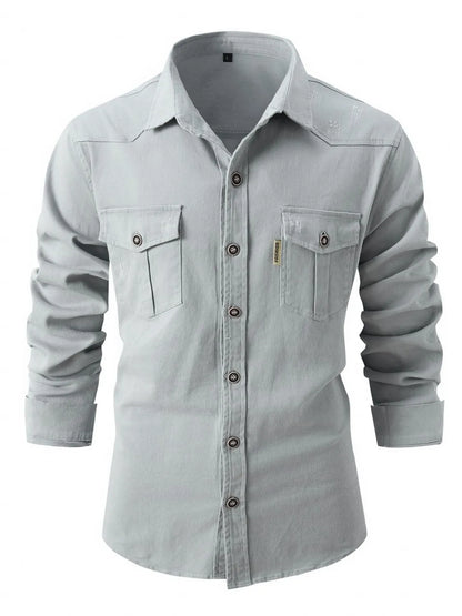 Men's full-size button-up long sleeve shirt in light gray with two chest pockets.