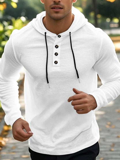 Men's full size white hoodie with drawstring and button detail, long sleeves, slightly stretchy linen blend fabric.