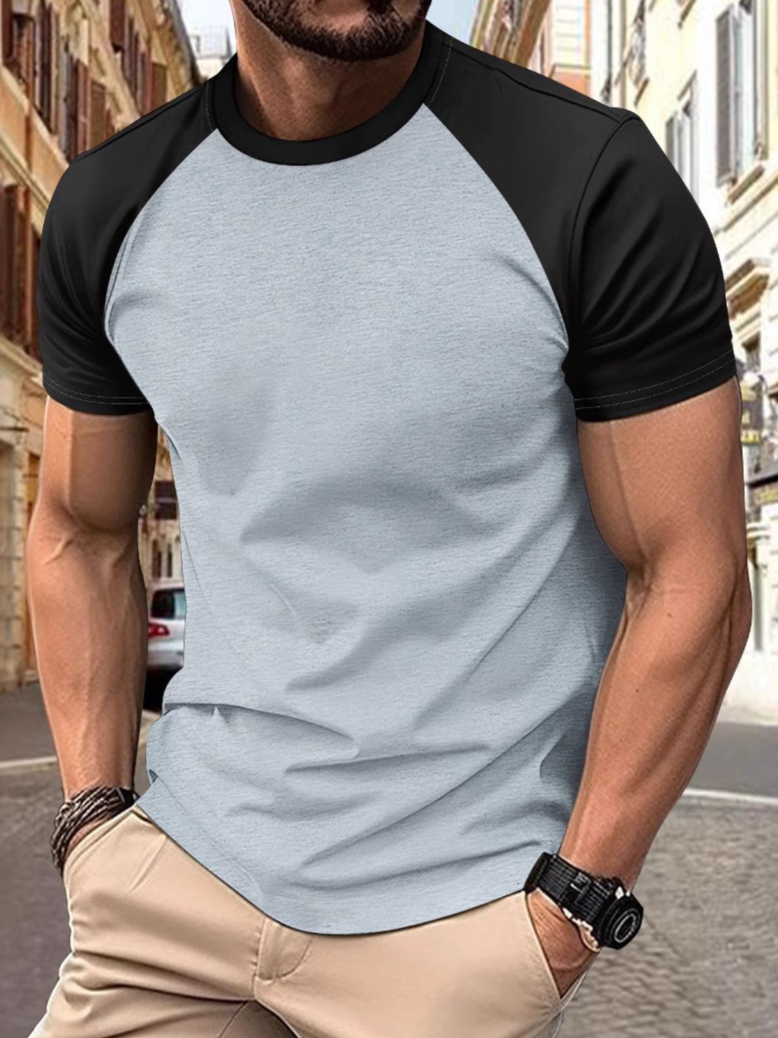 Men's full size round neck contrast t-shirt, slightly stretchy, polyester-cotton blend.