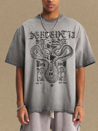 Men's graphic round neck half sleeve t-shirt with snake design, made of 100% cotton.