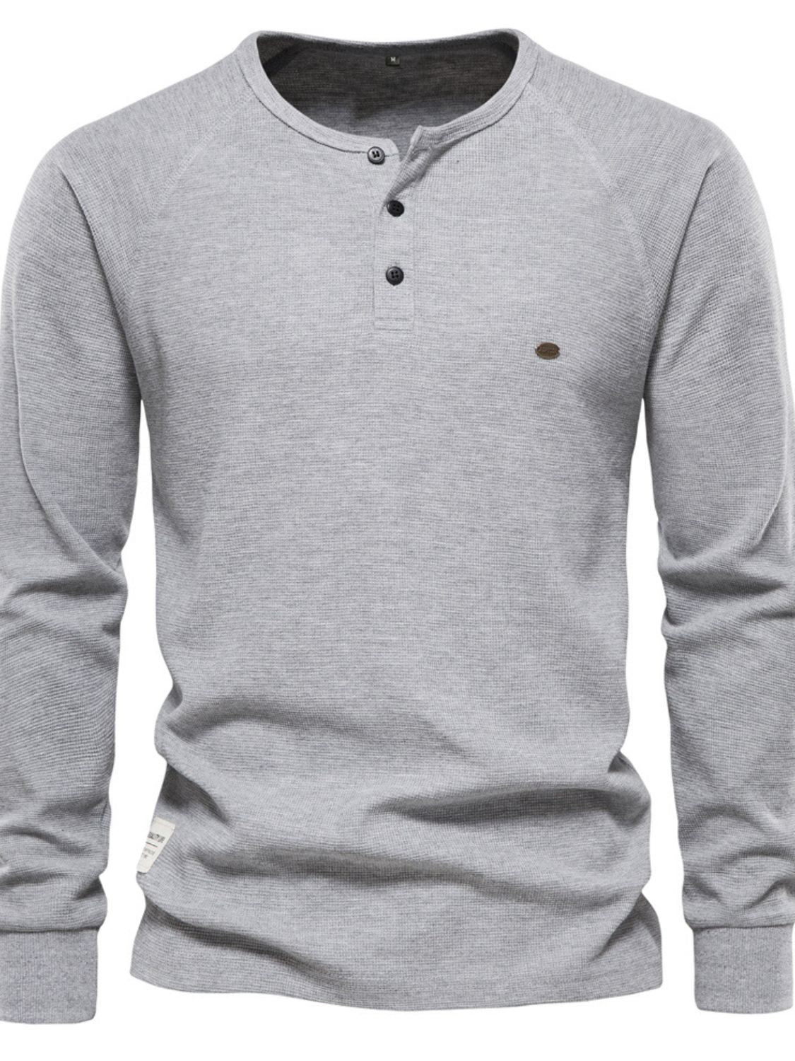 Men's waffle-knit long sleeve t-shirt in gray, basic style, slightly stretchy with button detail.