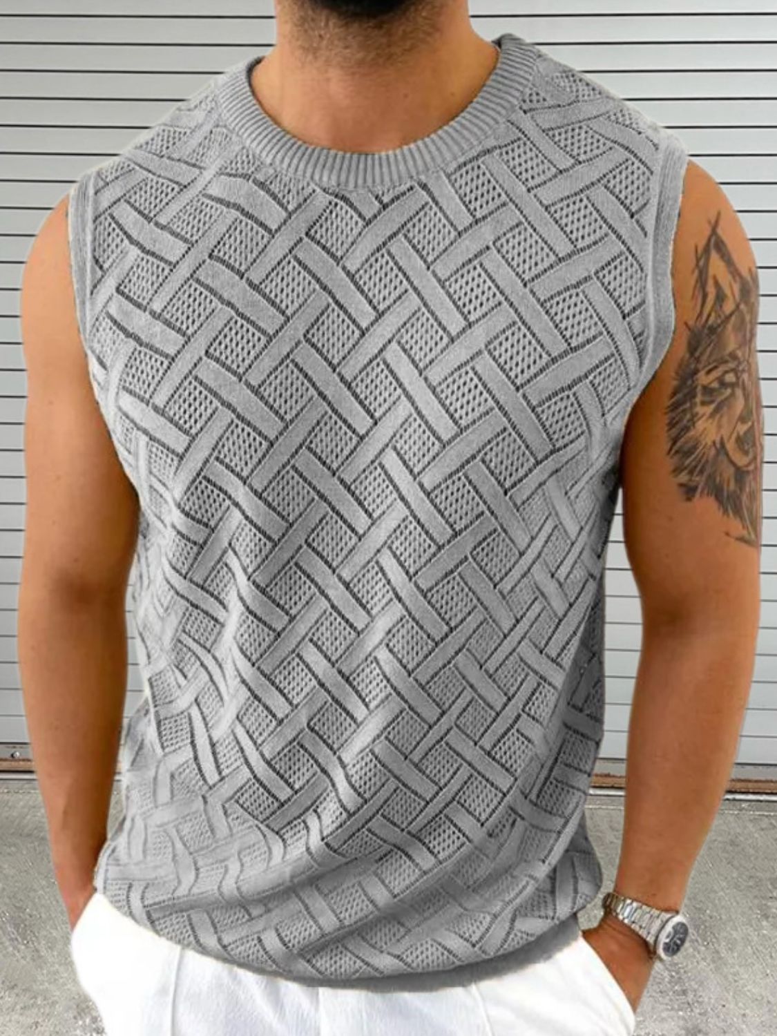 Men's round neck sleeveless eyelet knit top in gray with a unique weave pattern.