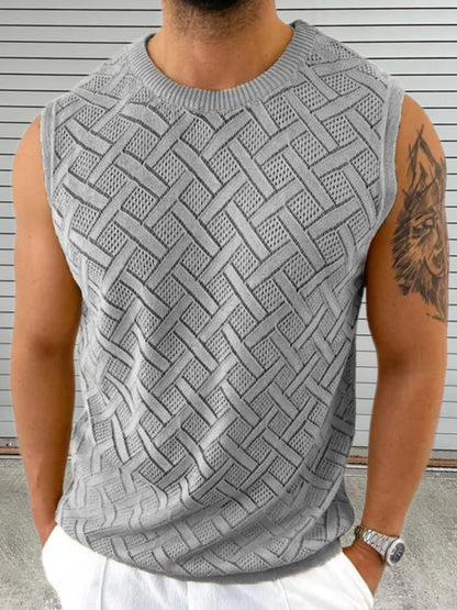 Men's round neck sleeveless eyelet knit top in gray with a unique weave pattern.