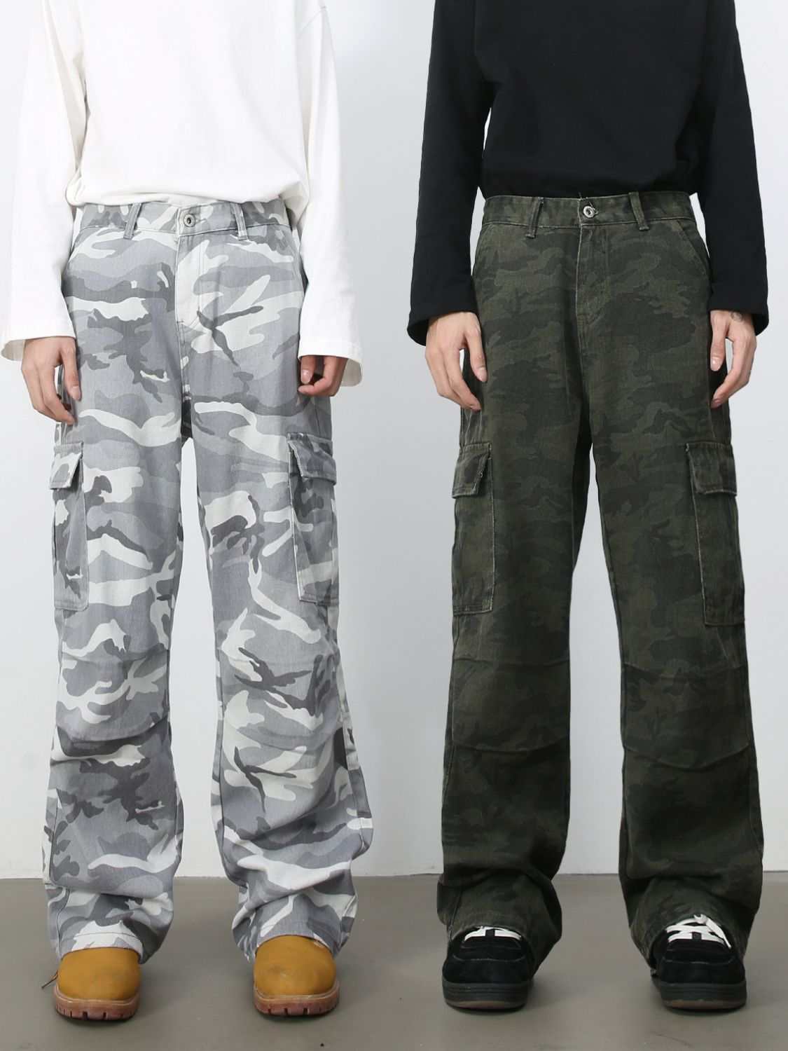 Men's camouflage cargo jeans in gray and green with multiple pockets.
