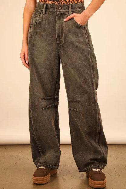 Wide leg comfy jeans with a pocketed, washed design, offering a modern and flattering fit.