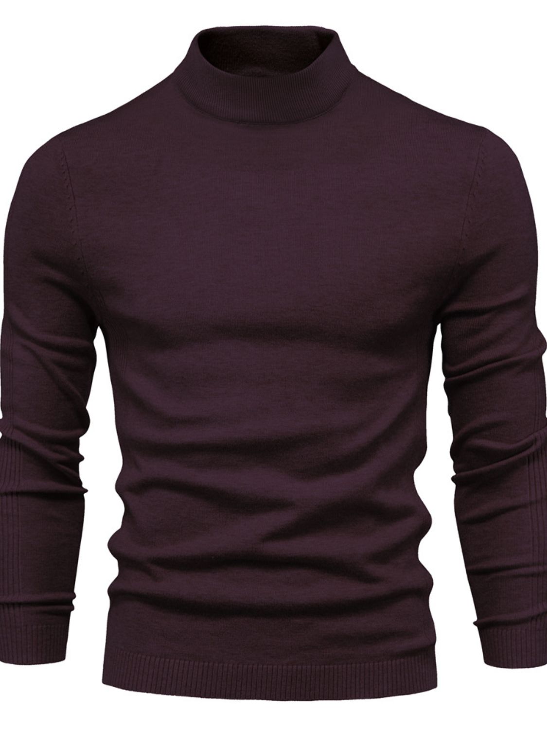 Men's mock neck long sleeve sweater in dark color, slightly stretchy viscose and polyester blend.