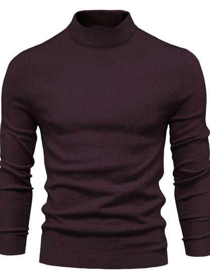 Men's mock neck long sleeve sweater in dark color, slightly stretchy viscose and polyester blend.