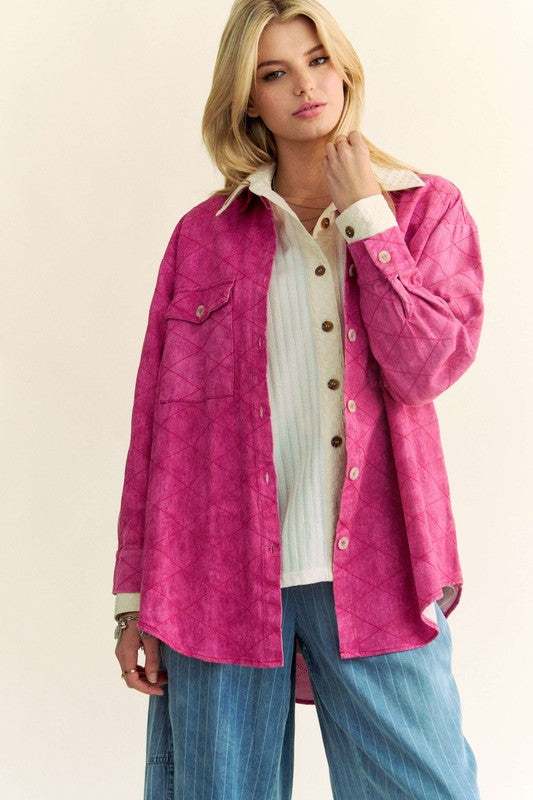 Curved Hem Diamond Quilted Button Up Denim Shacket in pink.