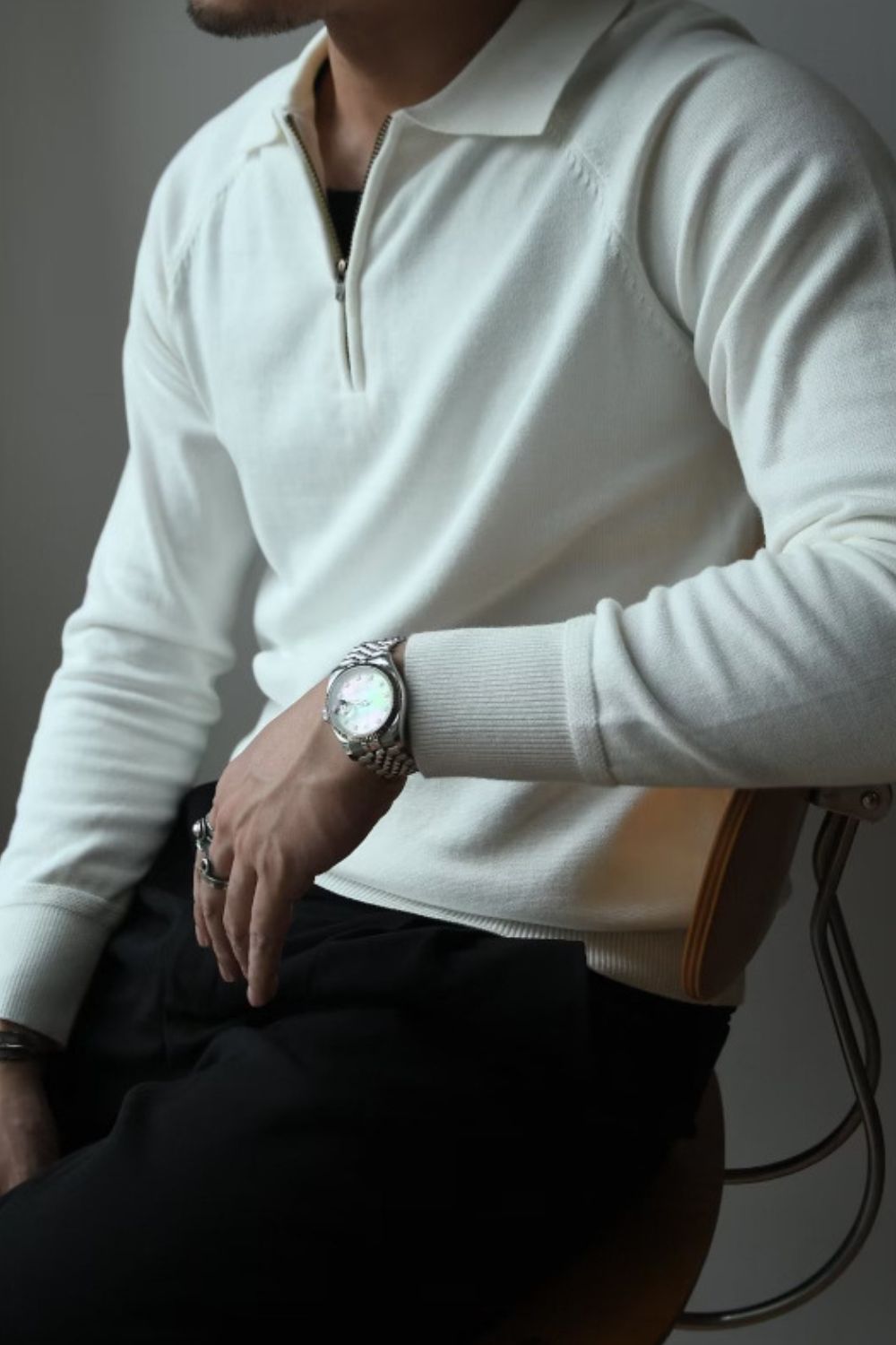 Men's plus size white quarter zip raglan sleeve polo shirt.