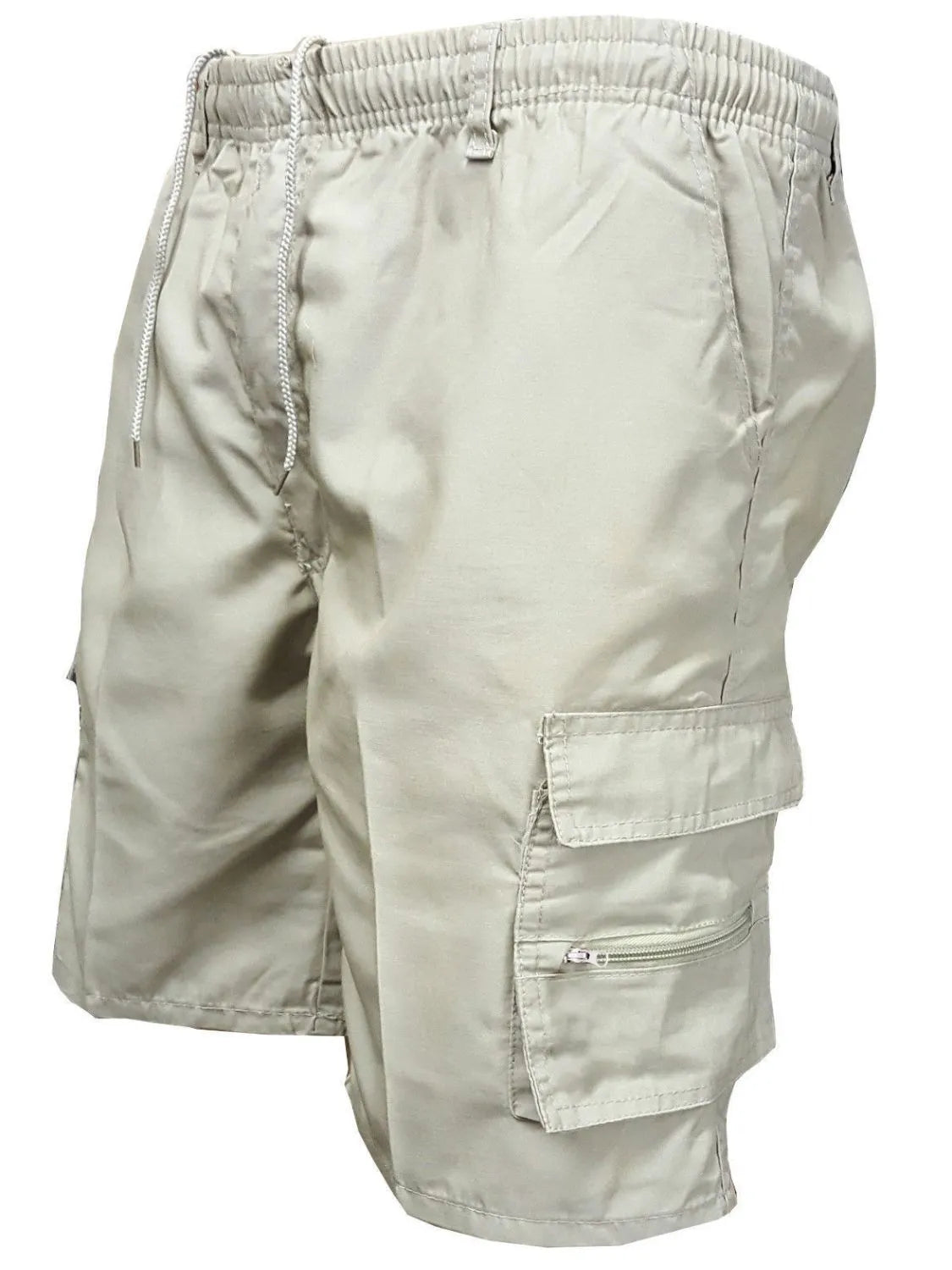 Men's plus size drawstring shorts with cargo pockets in light beige.
